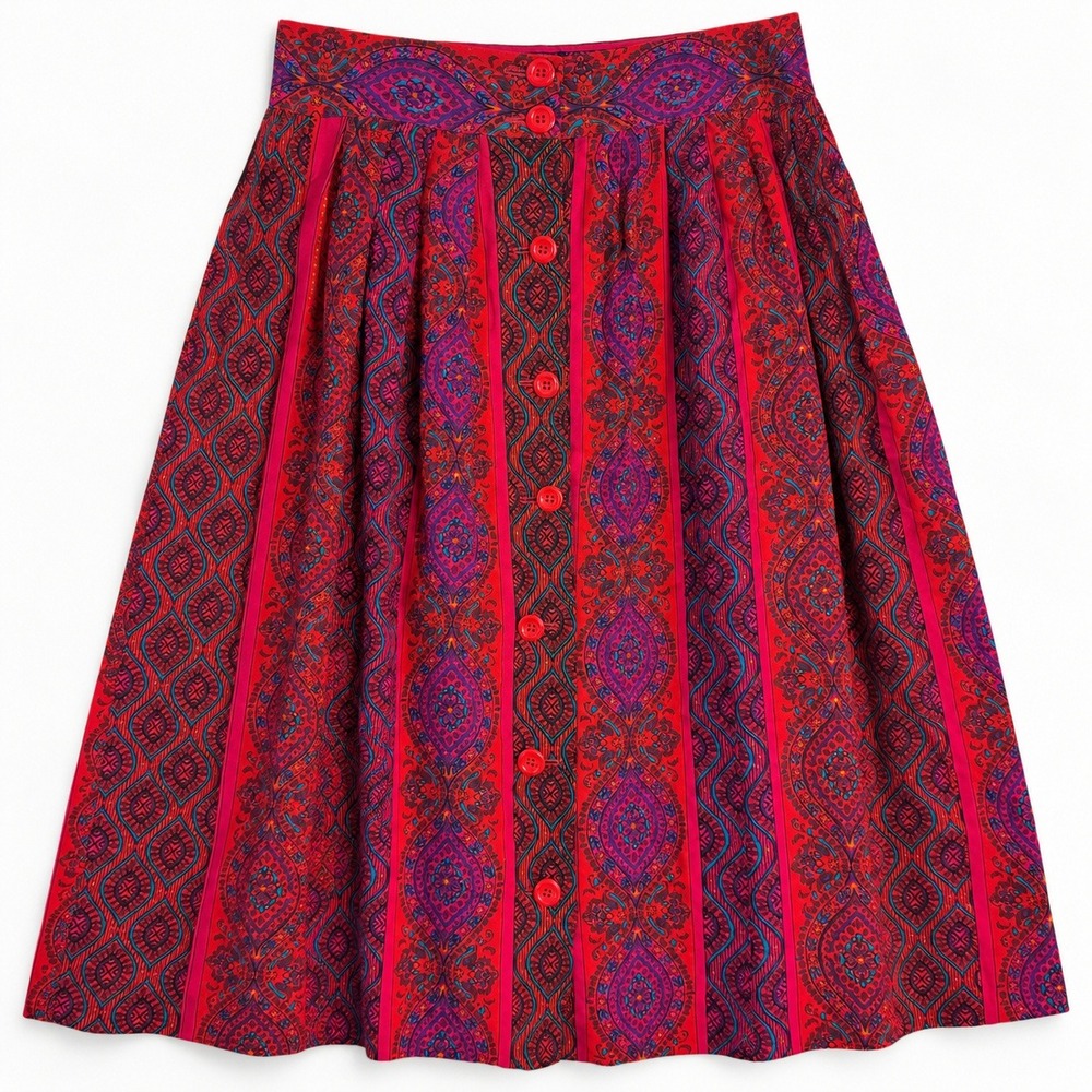 Vtg Stonybrook Red Paisley Midi Skirt Made USA sz M Dopamine Rainbow Maximalist
